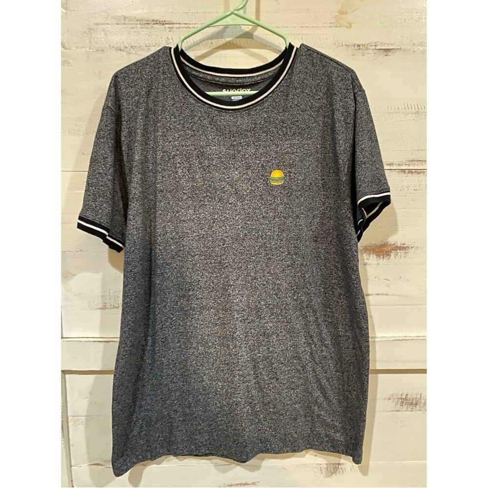 Mens Grey XL Shirt - Short Sleeves Graphic Tee with Burger - Sunday Work Clothes